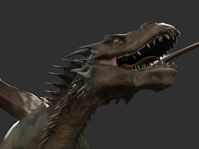 Realistic Reptile Head with Scaly Skin Sharp Spikes Open Mouth and Extended Tongue 3d model