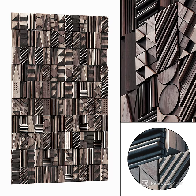 Contemporary Dark Toned Wall Decor With Geometric Shapes Wooden Lines And 3D Texture 3d model 