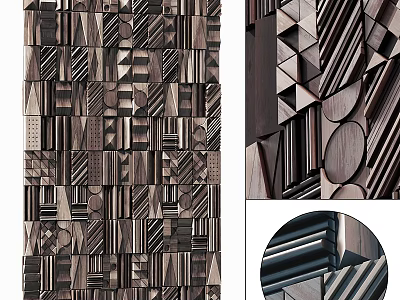 Contemporary Dark Toned Wall Decor With Geometric Shapes Wooden Lines And 3D Texture 3d model