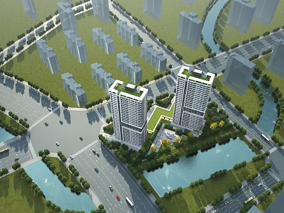 Aerial Urban Planning View Featuring High Rise Buildings Rivers Roads And Green Spaces 3d model