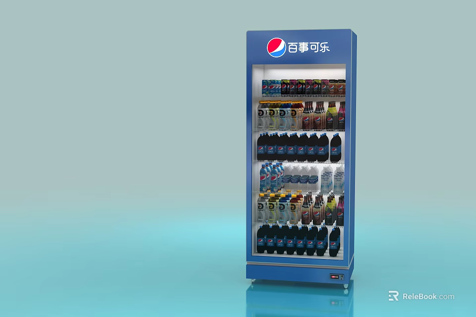 Blue Pepsi Upright Commercial Refrigerator Display Stocked With Various Beverages 3d model 