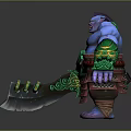 Towering Blue Skinned Warrior Creature With Green Ornamented Weapon Red Attire And Yellow Patterns