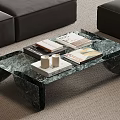 Elegant Green Marble Coffee Table With Magazines Candles And Black Sofas 3d model