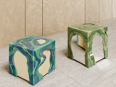 Modern Artistic Square Stools With Green Blue Textured Hollow Out Design 3d model