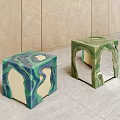 Modern Artistic Square Stools With Green Blue Textured Hollow Out Design
