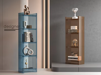Modern Display Shelves With Blue Transparent And Brown Cabinets Holding Books Decorative Items And Trophies 3d model