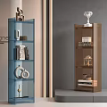 Modern Display Shelves With Blue Transparent And Brown Cabinets Holding Books Decorative Items And Trophies