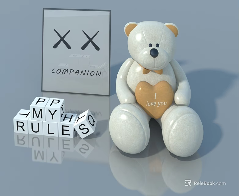 White Swing Door Featuring Teddy Bear Companion And Love Heart Elements 3d model 