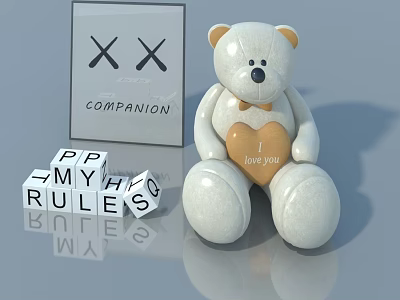 White Swing Door Featuring Teddy Bear Companion And Love Heart Elements 3d model