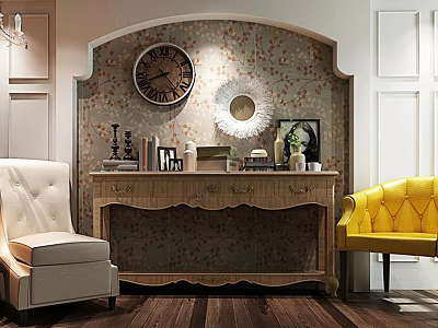 Wooden Entryway Console Table With Decorative Clock Mirror Chairs And Patterned Wallpaper 3d model