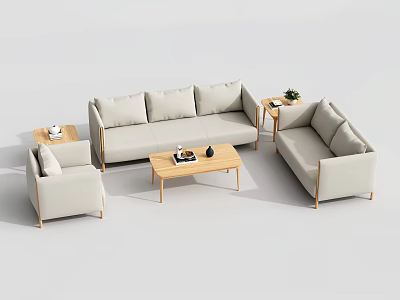 Modern Light Fabric Sofa Set With Wooden Coffee Table And Side Table Decorative Items 3d model