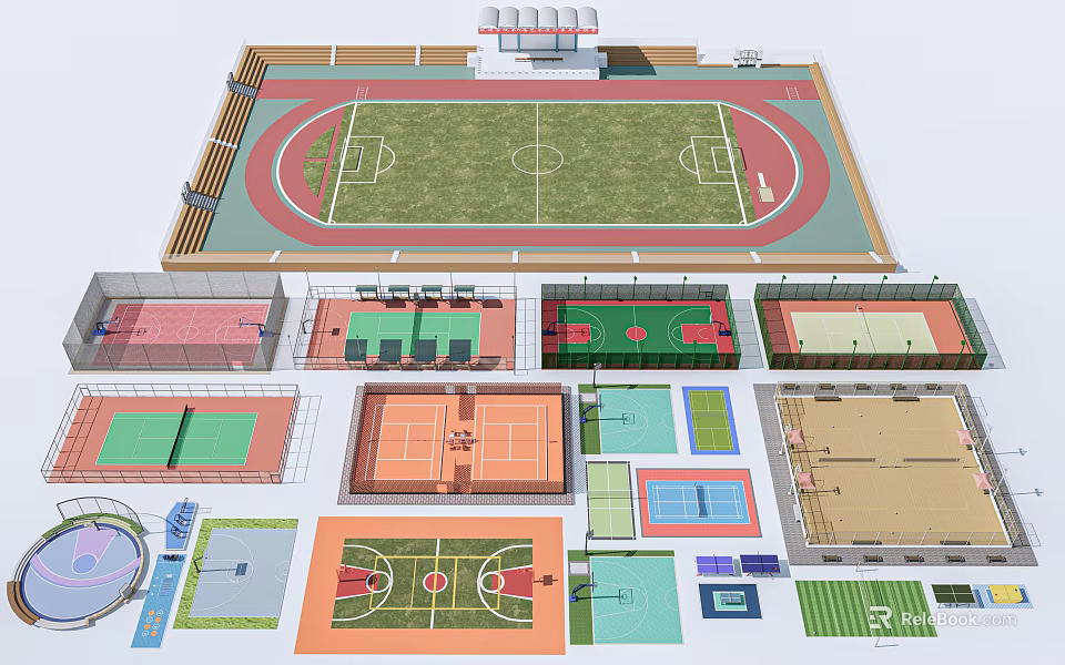 Standard Football Field With Running Track And Adjacent Multiple Sports Courts 3d model