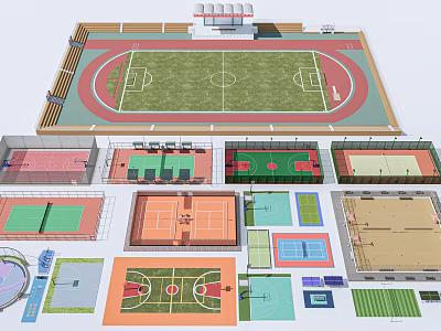 Standard Football Field With Running Track And Adjacent Multiple Sports Courts 3d model