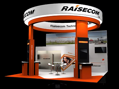 Raisecom Exhibition Booth With White And Orange Design Branded Canopy Display Screens Tables Chairs 3d model
