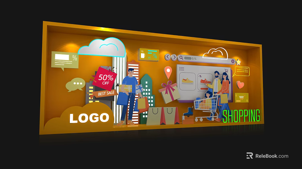 Vibrant Shopping Scene With 50% Discount Sign People Shopping Cart Gift Boxes And Digital Interface 3d model 