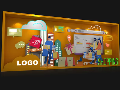 Vibrant Shopping Scene With 50% Discount Sign People Shopping Cart Gift Boxes And Digital Interface 3d model