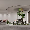Modern Interior Space With Circular Ceiling Water Feature Central Pine Tree And Comfortable Furniture