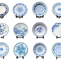 Blue And White Floral Pattern Plate Decoration On Display Stands For Home Decor