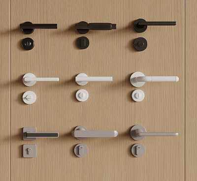 Modern Metal Door Handles In Black White Gray On Wooden Panel 3d model