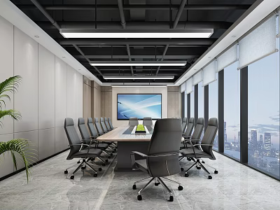 Modern Conference Room Interior With Long Table Black Office Chairs Large Screen City View Windows 3d model