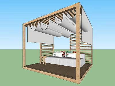 Outdoor Lounge Space With Wooden Frame Curved Roof White Sofa And Colorful Cushions 3d model