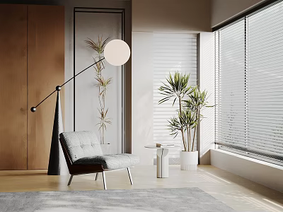 Modern Leisure Chair In Bright Room With Black Floor Lamp Green Plants And Wooden Cabinets 3d model