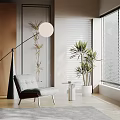 Modern Leisure Chair In Bright Room With Black Floor Lamp Green Plants And Wooden Cabinets