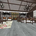Chinese Style Private Room Interior With Wooden Decor Chandeliers Sofa And Dining Furniture