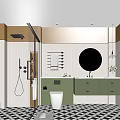Elegant Modern Bathroom Interior Design With Round Mirror Green Cabinets And Black White Floor Tiles