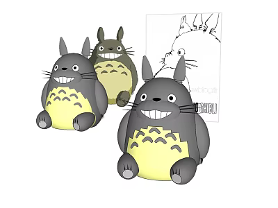 Adorable Totoro Plush Toys in Different Sizes with Gray Yellow Belly and Sketch Illustration 3d model