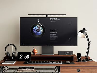 Modern Computer Desktop Setup With Monitor Keyboard Mouse Headphones And Desk Lamp 3d model