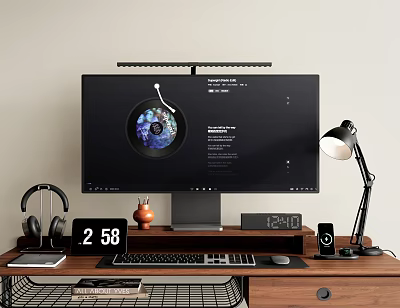 Modern Computer Desktop Setup With Monitor Keyboard Mouse Headphones And Desk Lamp 3d model