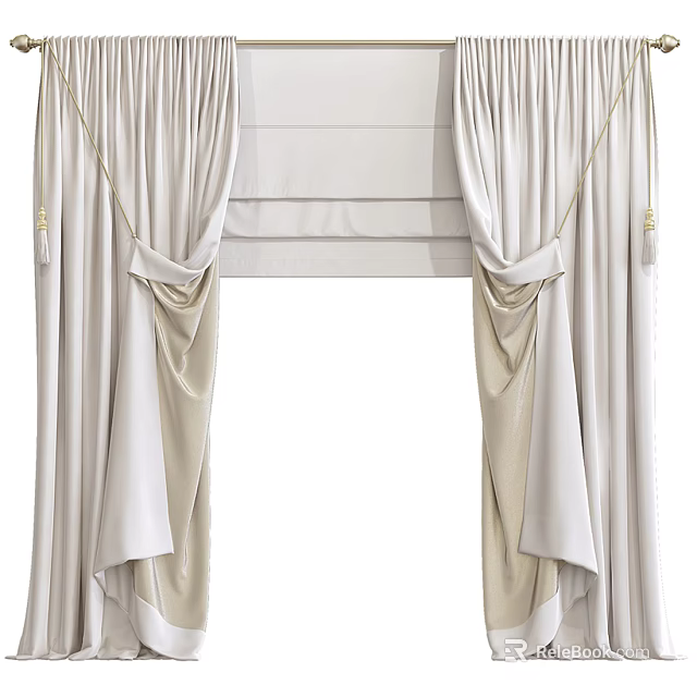Elegant Neutral Curtains with Pleated Design and Tassel Ties for Window Decor 3d model 
