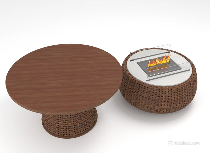 Round Wooden Tabletop Dining Set With Woven Base And Fire Pit Table 3d model 
