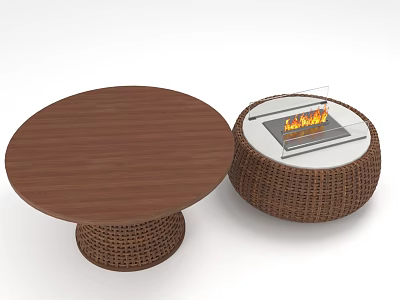 Round Wooden Tabletop Dining Set With Woven Base And Fire Pit Table 3d model