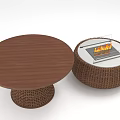 Round Wooden Tabletop Dining Set With Woven Base And Fire Pit Table