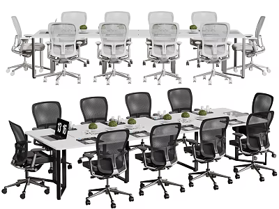 Modern Office Conference Table With Black And White Ergonomic Chairs And Green Plants 3d model