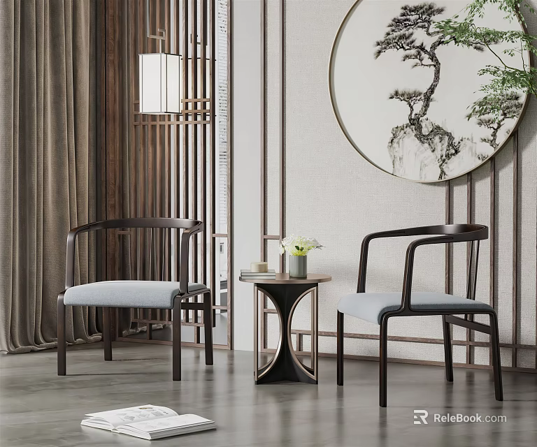 Chinese Style Wooden Chair And Table Set With Gray Cushion And Pine Tree Painting 3d model 