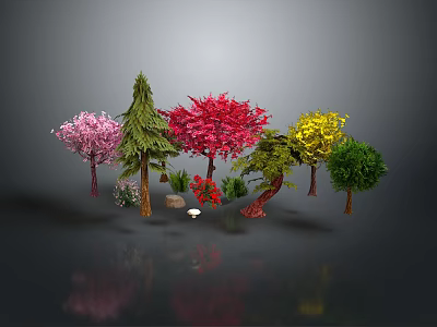 Diverse Colorful Garden Plants With Pink Red Yellow Green Trees And Shrubs 3d model