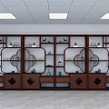 Dark Wooden Display Cabinets with Circular Ornaments Under White Ceiling and Large Windows City View