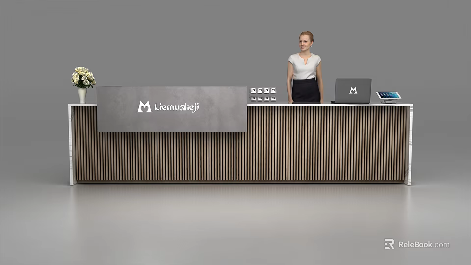 Modern Wooden Reception Desk with Lernasagi Logo Vase Flowers Receptionist Laptop and Tablet 3d model 