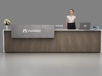 Modern Wooden Reception Desk with Lernasagi Logo Vase Flowers Receptionist Laptop and Tablet 3d model