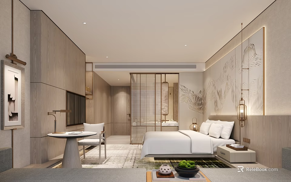Modern Hotel Room Interior With Wooden Decor Screen Partition And Comfortable Bed 3d model 