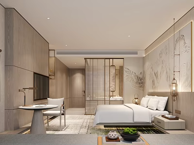 Modern Hotel Room Interior With Wooden Decor Screen Partition And Comfortable Bed 3d model