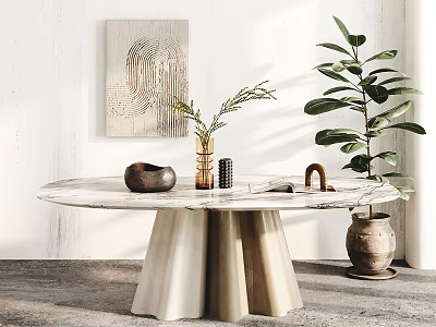 Elegant Modern Marble Dining Table With Vase Greenery Decorative Items And Large Potted Plant 3d model