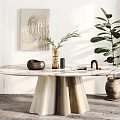 Elegant Modern Marble Dining Table With Vase Greenery Decorative Items And Large Potted Plant
