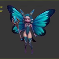 Magical Game and Movie Character with Blue Butterfly Wings Green Outfit and Staff