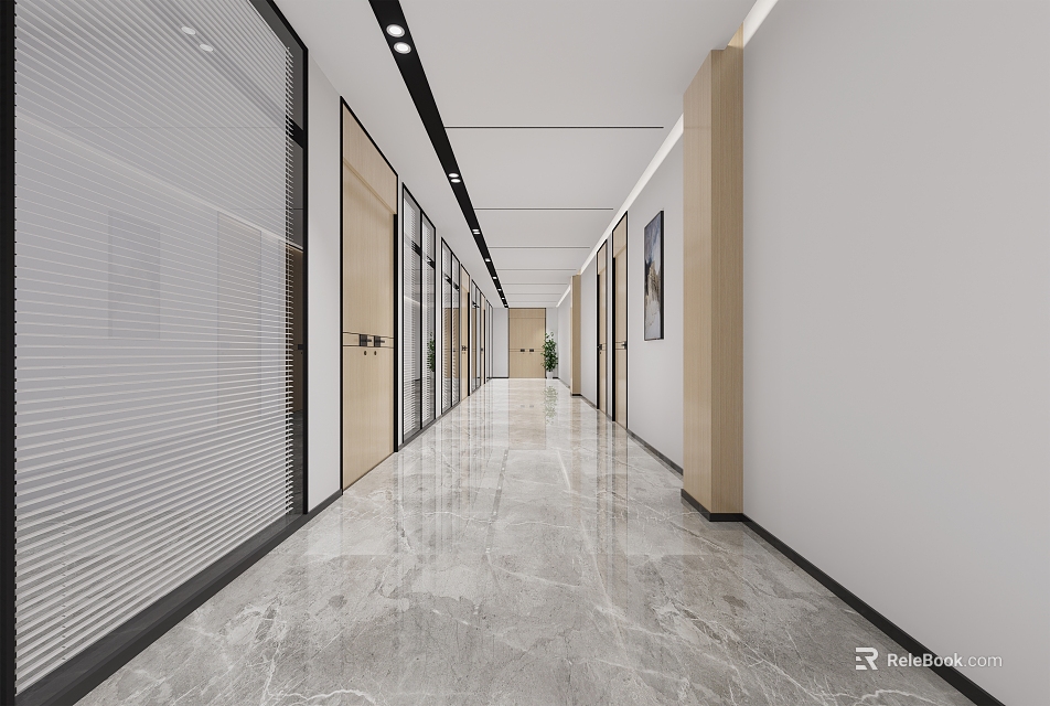 Modern Office Corridor With Glass Partitions Wooden Doors And Marble Flooring 3d model 