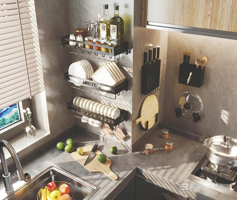 Modern Kitchen Storage Rack With Spice Bottles Plates And Knives On Countertop 3d model 