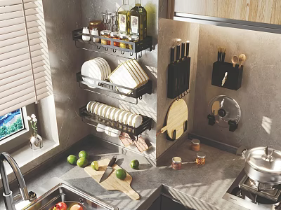 Modern Kitchen Storage Rack With Spice Bottles Plates And Knives On Countertop 3d model